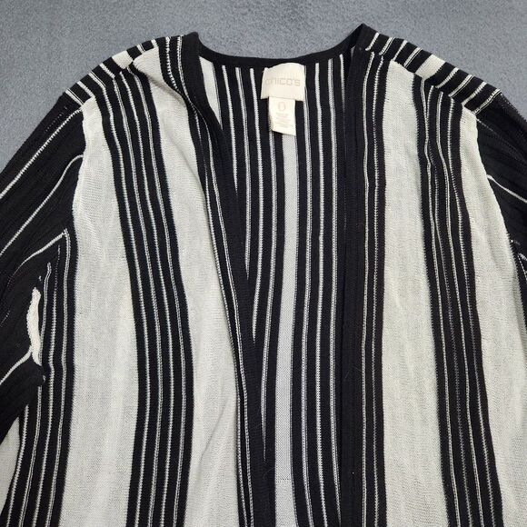 Chico's Women 0 US S Cardigan Sweater Black White Striped Knit Open Front - Picture 4 of 10